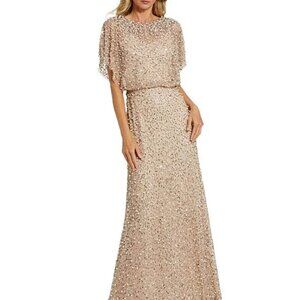 Mac Duggal ! Pearl Sequin Beaded Mesh Boat Neck Short Flutter Sleeve Shawl Gown
